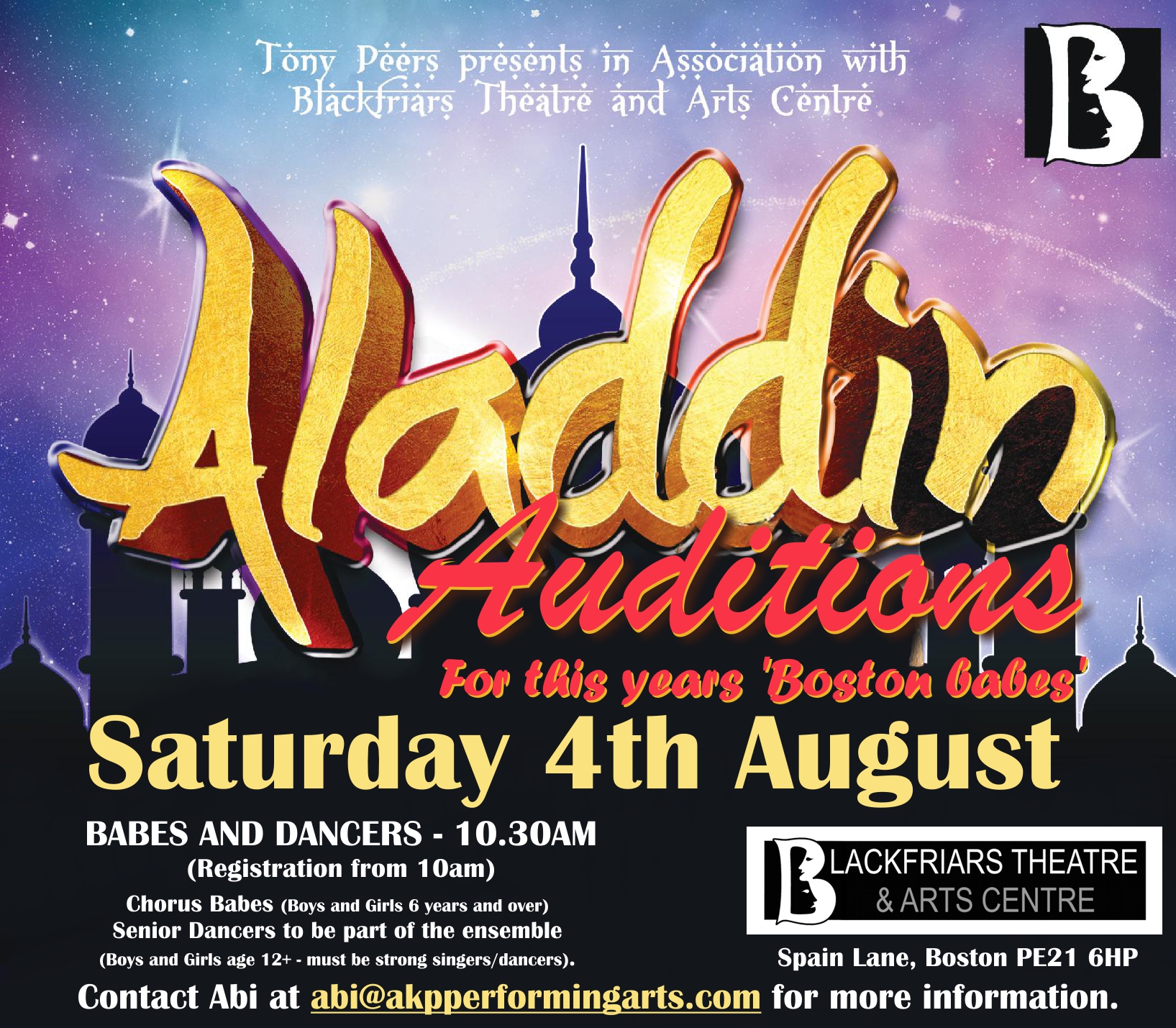 Aladdin Auditions for Boston Babes taking place on Saturday 4th August